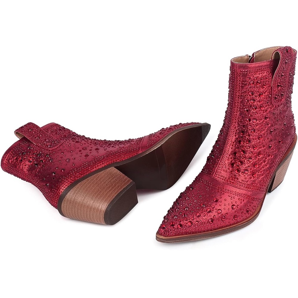 Isnom Red Rhinestone Sparkly Cowboy Boots - Picture 2 of 11